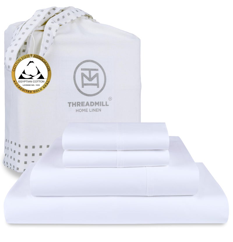 Threadmill ملاءات من القطن المصري من Threadmill لسرير بحجم كينج | طقم ملاءات سرير كينج من القطن المصري المعتمد بنسبة 100% | ملاءات مقاس كينغ مرنة ذات جيب عميق وناعمة ومسامية من الساتان الصلب طوال الموسم | أبيض - Image 1
